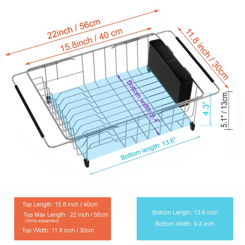 iPEGTOP Expandable Multifunctional Dish Drying Rack, Over The Sink, in Sink Or On Counter Dish Drainer Basket Shelf with Black Utensil Silverware Holder, Rustproof Stainless Organizer - Image 2